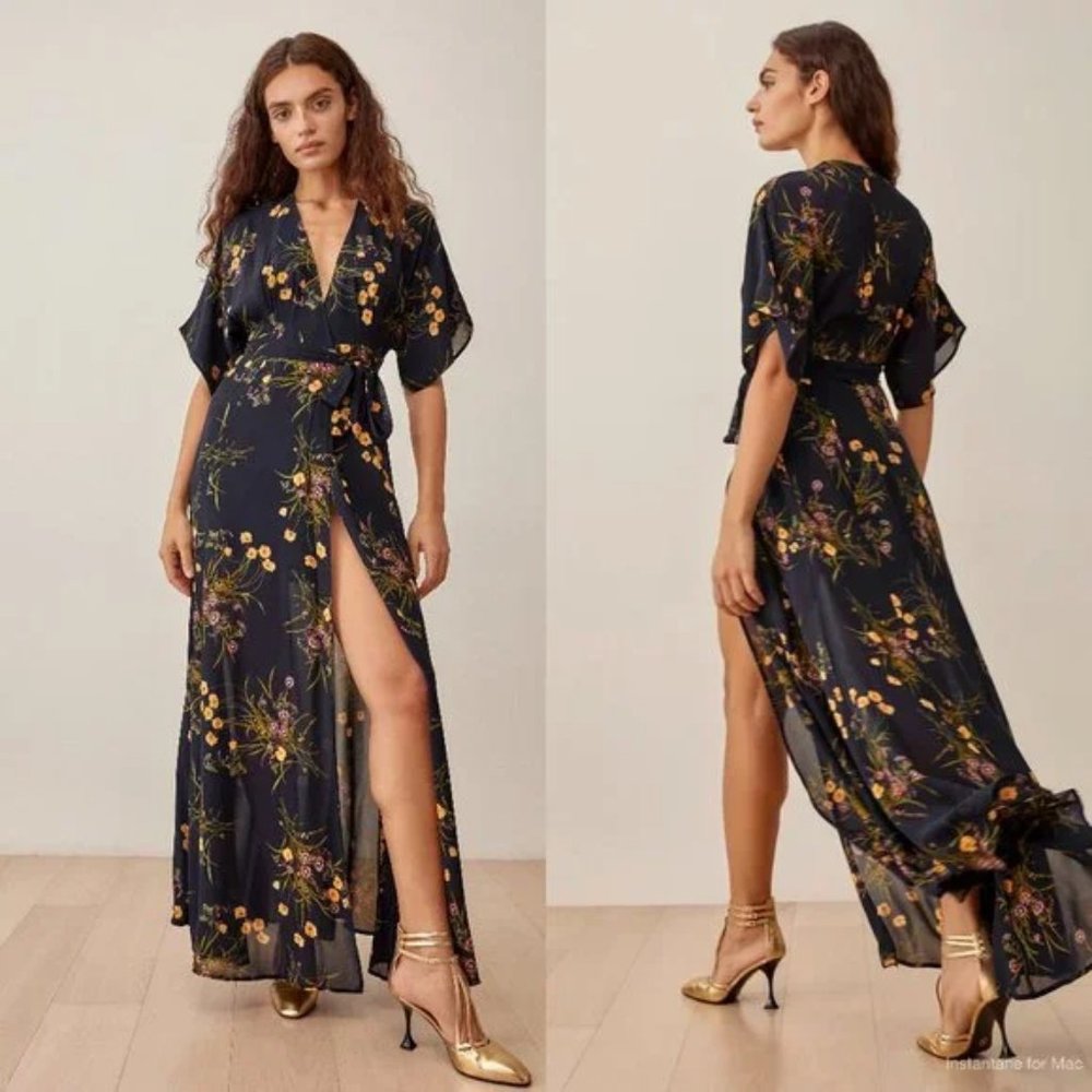 NWT Reformation Winslow Kimono Wrap Maxi Dress Sz M Navy Floral